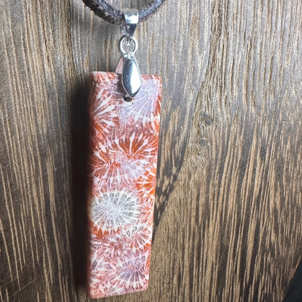 Dark Orange Coral Fossil Thin Rectangle Pendant Necklace on Brown Suede - Picture 2 of 13